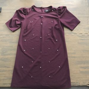 Maroon Puffed Sleeve Dress with Pearl Detail